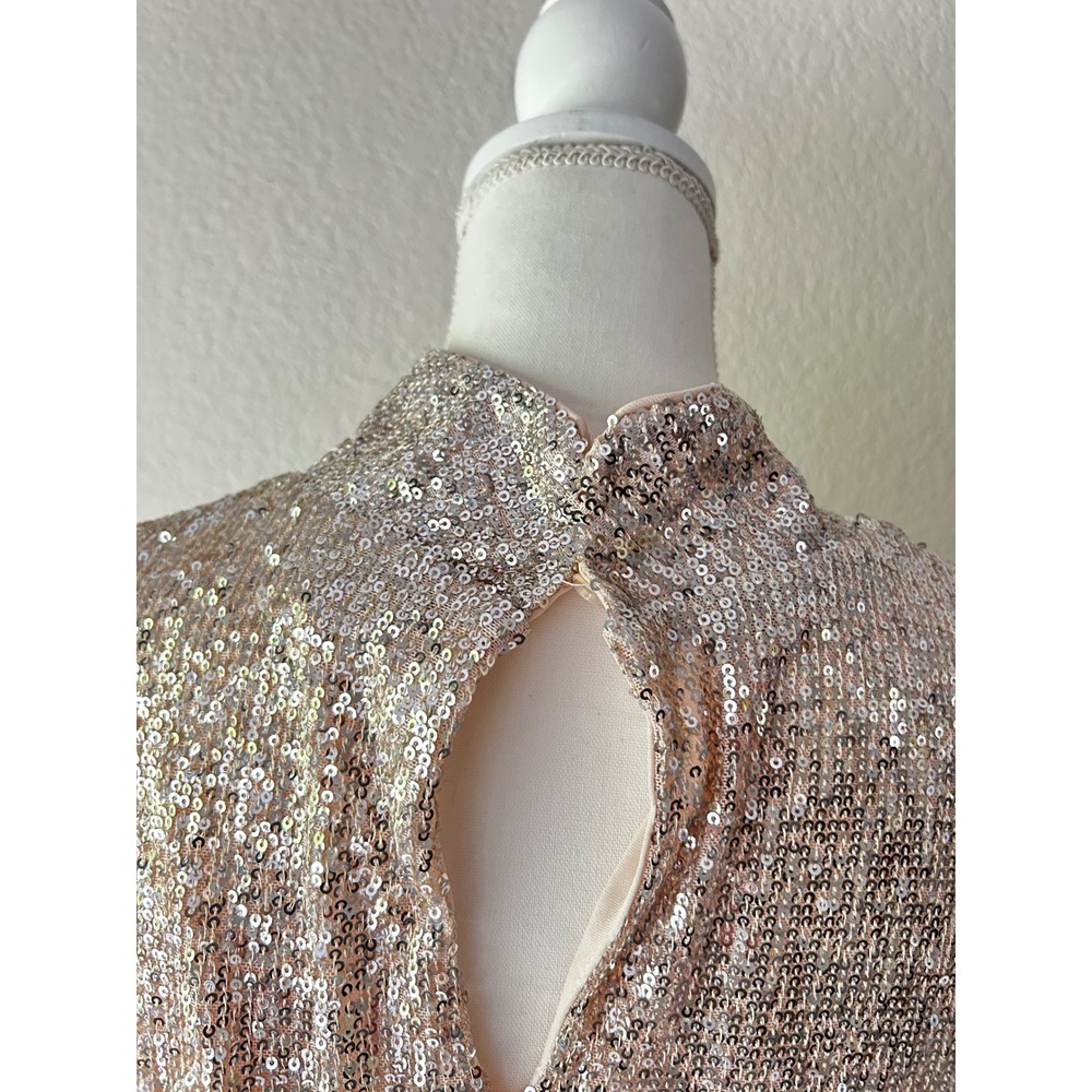 Rose Gold Sequin Mock Neck Long Sleeve Tulip Mini‎ Dress Deadstock - Picture 2 of 5